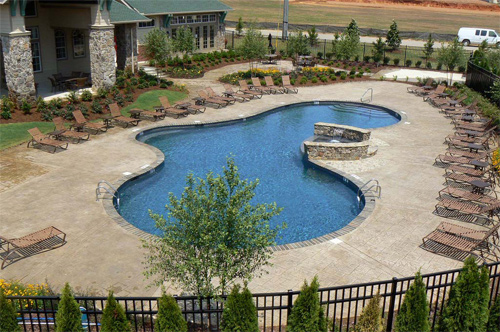 A large pool surrounded by stamped concrete pool deck and luscious greenery.