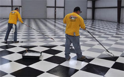 When the painting was completed, Hallack sealed the floor with three coats of Miracote Mirapoxy WB, a two-component, chemically resistant, water-based epoxy floor coating system.